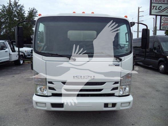 Isuzu NPR HD truck front view showing cab and grille with Isuzu badge.