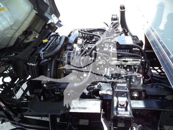 Isuzu NPR HD engine bay with visible belts, hoses, and radiator in a box truck chassis.