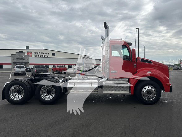 Kenworth T880 concrete daycab truck in red, side view showing sleeper cab, chrome exhaust stack, dual rear axles, and front wheel with chrome rim.