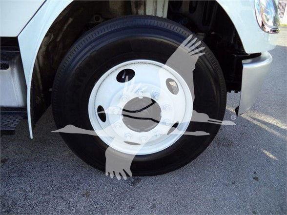 Wheel of Freightliner truck with white hubcap and black tire; faint text on hubcap cannot be read clearly.