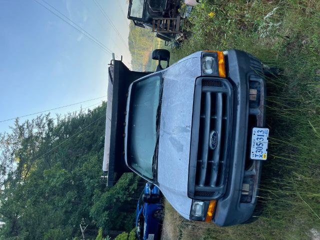 Ford F-450 dump truck front view with raised dump bed, Oklahoma license plate, cloudy sky, overgrown lot.