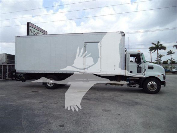 Truck with a large box body. Side view shows cab and box. A watermark of two hands shaking overlies the mid-section. No legible text on the truck panels.