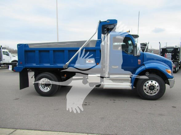 Blue Kenworth T380 dump truck side view showing cargo bed and cab with chrome steps and wheel rims.