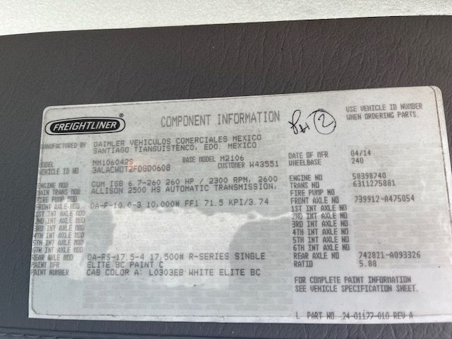 Freightliner component information plate with model and specs including M2 2015 model, engine/transmission details, and VIN-like numbers.
