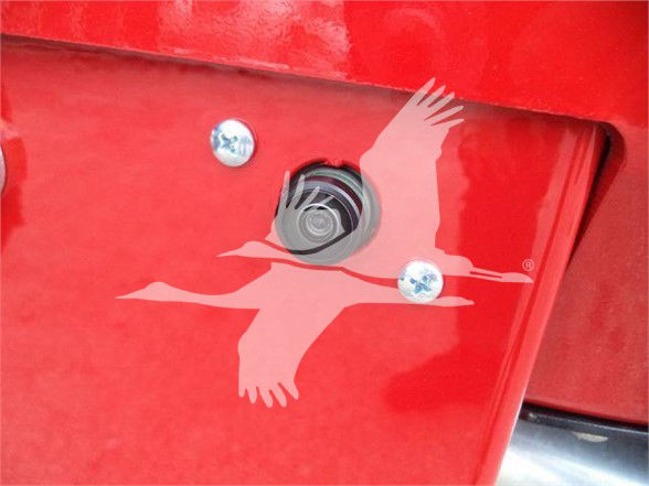 Ram 5500 tailgate area with black circular hood latch plug and two silver screws, red painted surface with a light pink bird graphic decal overlay.