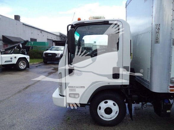 Isuzu NPR HD box truck side view showing cab and cargo area with stock number T05048FM
