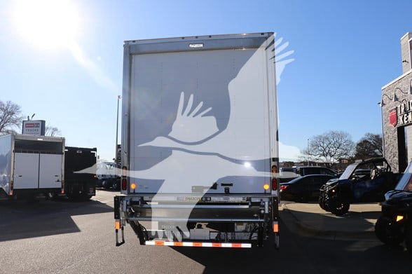 Isuzu box truck rear view showing closed cargo area with rear bumper and lights.