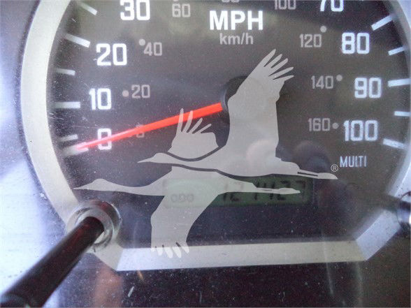 Dashboard gauge cluster showing speedometer with mph and km/h marks. Overlayed with a translucent bird logo obscuring some text. No clear alphanumeric labels readable beyond general gauge scales.