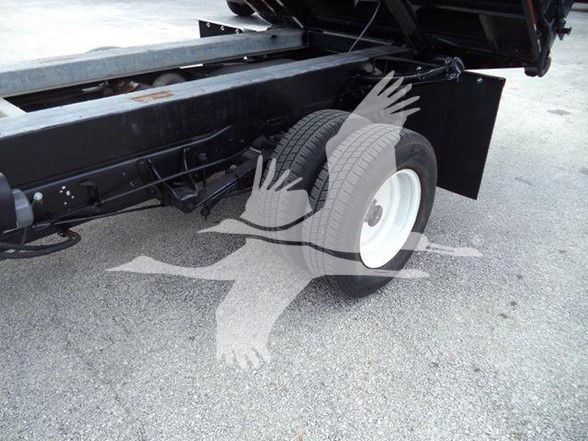 A Ford E450 chassis with a dual rear wheel setup; visible are the factory frame rails, suspension components, and a white wheel with a black tire. There is a watermark overlay of a hawk or eagle motif over the image.