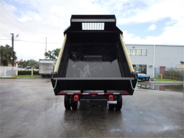 Dump truck bed in rear view showing empty open-top dump body with tailgate and rear lights.