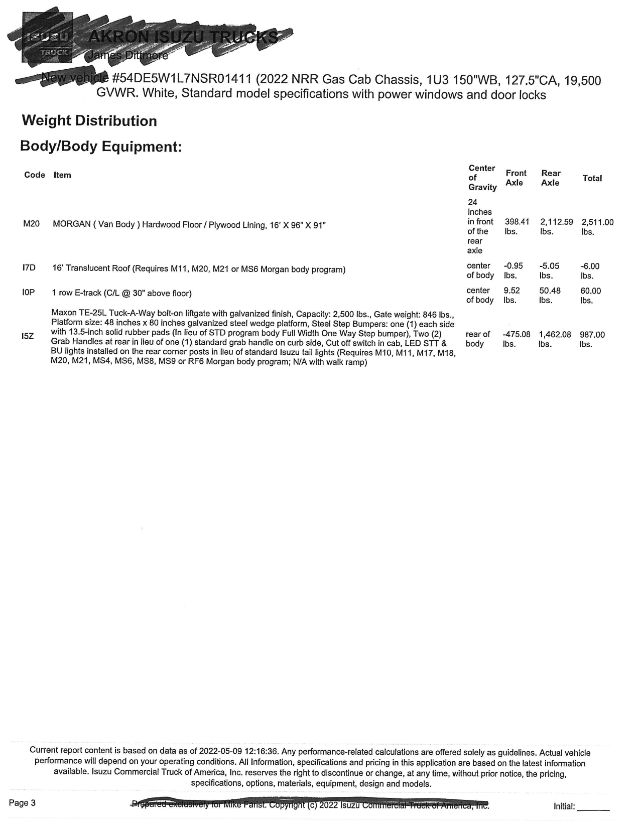 Isuzu NRR gas cab chassis data sheet page showing weight distribution and component codes: M20 MORGAN van body, I7D, I D, I5Z, with center gravity and axle weights in a table.