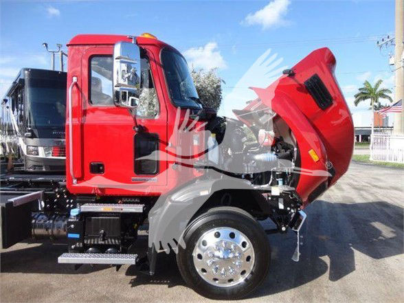 Truck cab with hood open showing front wheel and engine bay area; red Mack MD6 cab with chrome wheel and steps.