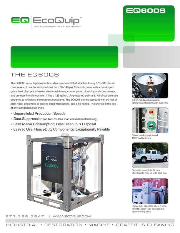 EQ600S vapor abrasive blast equipment brochure showing EQ EcoQuip logo, image of EQ600S unit, and features list.