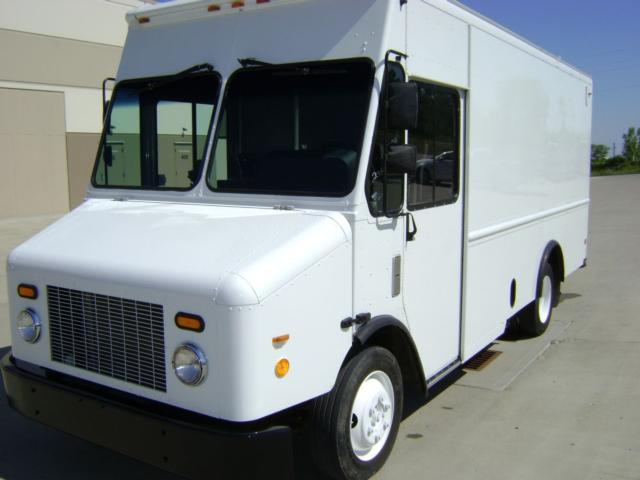 White 2007 Freightliner MT45 step van parked outdoors, front and side view, no decals.