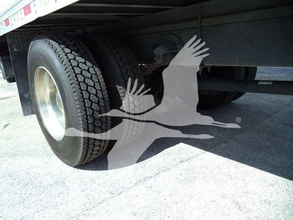 Truck rear dual tires and undercarriage showing wheel, suspension, and frame with a faint overlay of a bird graphic.