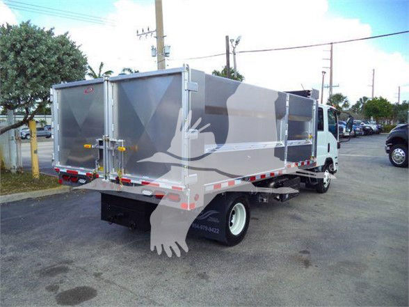Isuzu NPR HD dump truck rear and side view showing dump bed, rear doors, and side cab.