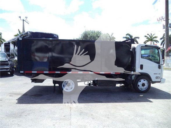 Isuzu NRR dump truck side view with black dump body and white cab; watermark of a bird/hand overlay across the image.