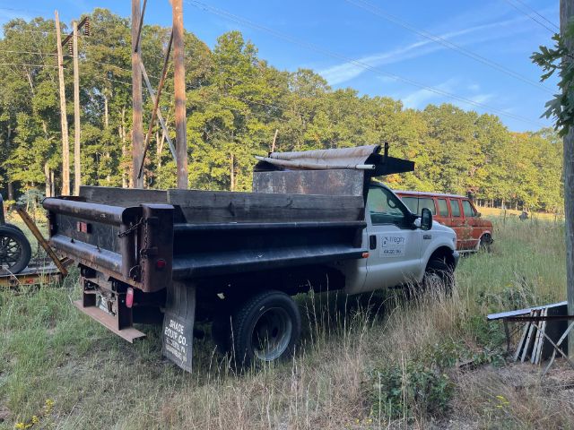 1999 Ford F-450 dump truck in a field showing a white cab and black dump bed with side rails and rear bumper.