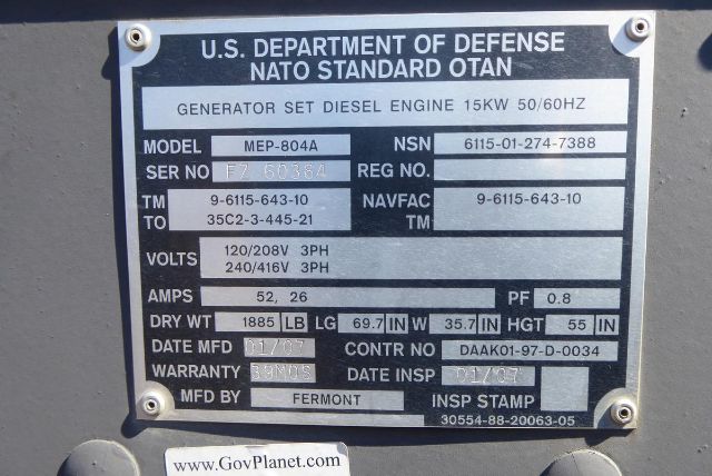 U.S. Department of Defense NATO standard OTAN generator nameplate data: Model MEP-804A, Diesel Engine 15KW 50/60Hz, Volts 120/208V 3PH, 240/416V 3PH, Amps 52, 26, PF 0.8. Serial numbers and OEM info listed, warranty and date fields filled.