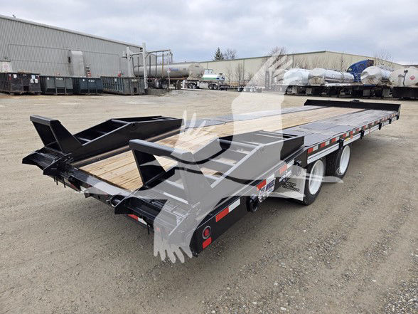 Flatbed trailer with wood deck and triple-axle configuration. Side rails have reflective tape. VIN/stock text not visible on image.