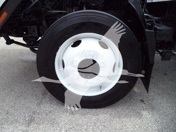 Isuzu NPR HD truck wheel/rim close-up showing white steel wheel, tire, and part of chassis.