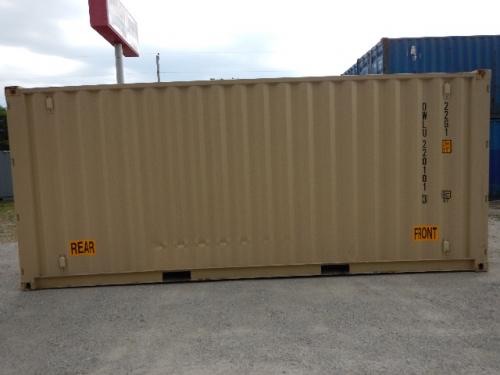 20' double door shipping storage container with 'REAR' and 'FRONT' markings at bottom corners and identification numbers along the right side.