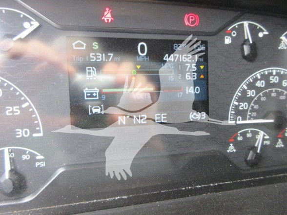Dashboard display showing trip 531.7 mi, mph 0, odometer 447,162 mi, voltage 14.0, gear N, small icons.