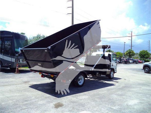 Isuzu NRR truck with a raised dump bed in a dealership lot. Visible text: none on the truck; background shows other vehicles.