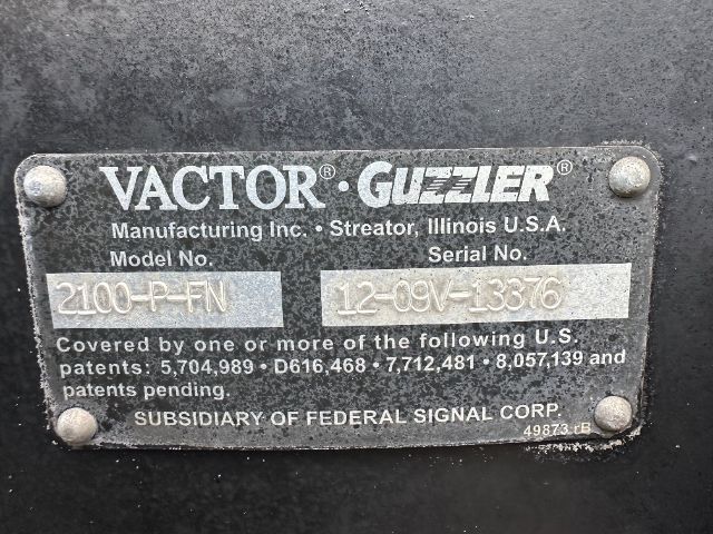 VACTOR GUZELER plate showing Model No. 2100-P-FN and Serial No. 12-08V-13376 on a metal plaque.
