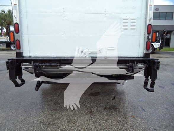Isuzu NPR HD rear view showing bumper and hitch area with tailgate and boxed cargo area.