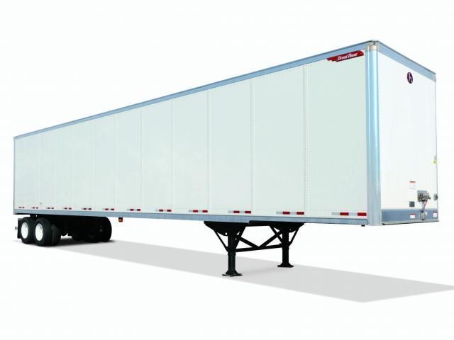 Great Dane 53' x 102" composite plate van trailer with a raised landing gear, white panels, and blue framing. Brand badge near front corner.