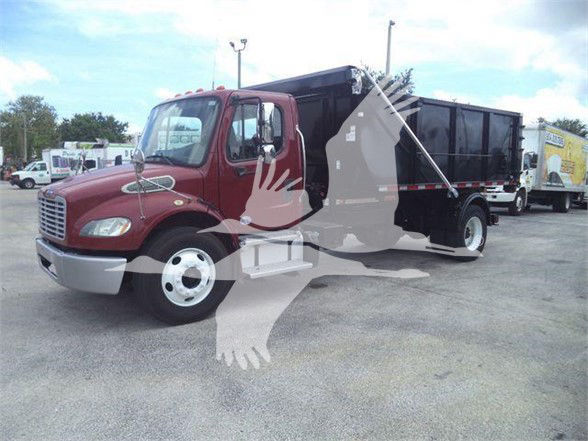 Freightliner BUSINESS CLASS M2 106 refuse truck with maroon cab and black Dump body, stock TU3865FM, side view.