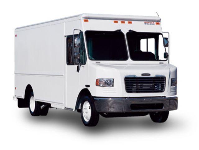 White Freightliner MT55 step van; front and side view with large grille, rectangular headlights.