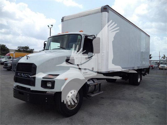Mack MD7 box truck showing front and right side with cargo box on a dealership lot.