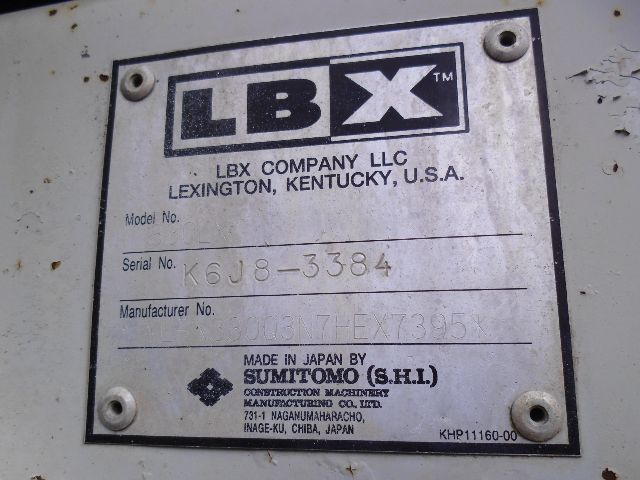 Label plate on LBX machine showing model and serial numbers, 'LBX' logo, 'Sumitomo (SHI) Construction Machinery' text, and location Lexington Kentucky USA.