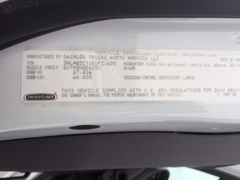 Label and VIN plate on Freightliner 108SD cab with PM 16 stock; text includes VIN 3ALHG5CY1EDFZ1605 and PM 16.