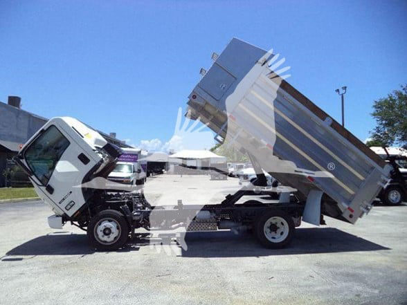 Isuzu NQR dump truck with tilted dump bed in a parking lot, front cab visible