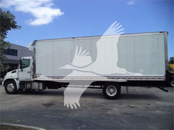 Truck with large box trailer in a yard, Reefer category, white cab and gray trailer with a large white bird graphic overlay.