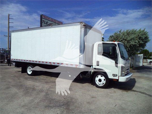 Isuzu NRR box truck side view with white cargo box and cab, blank sides, used listing.