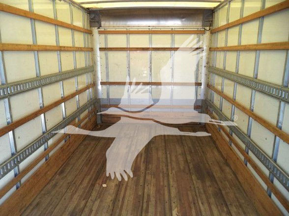 Isuzu NPR HD truck cargo area showing empty box with wooden floor and metal side rails; a translucent logo overlay of a running horse is visible.