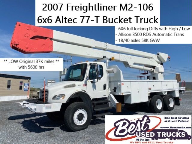 Bucket truck with red bucket arm extended on white Freightliner M2-106, side view, text overlays list features and mileage.
