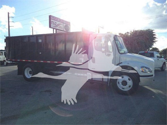 2002 Freightliner Business Class M2 106 truck with a large cargo box, white cab, and graphic eagle artwork on side.