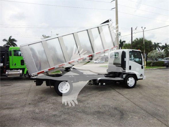 Isuzu NQR dump truck with a tilted silver dump bed in a parking lot.