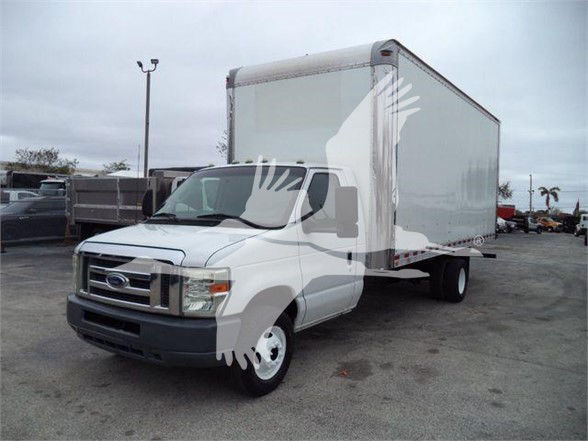 Ford E-450 box truck with cab and box body, front grille, wheels visible.