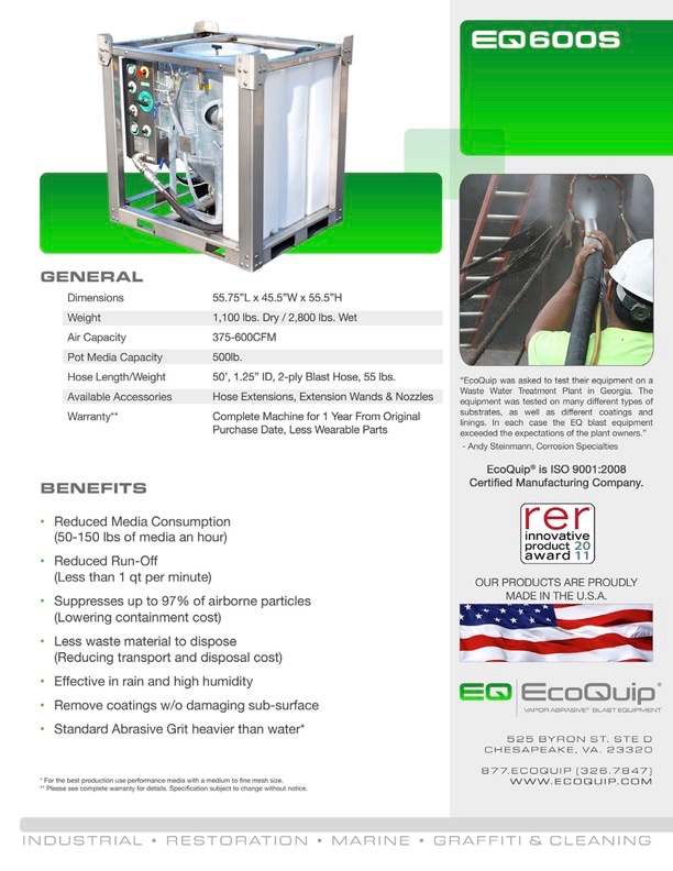 General specifications label for a Vapor Blaster equipment showing dimensions 55.75"L x 45.5"W x 55.5"H, weight 1,100 lbs dry / 2,800 lbs wet, air capacity 375-600 CFM, pot media capacity 500 lb, hose length 50', 1,25" ID, 2-ply blast hose,