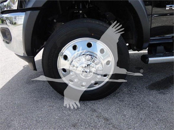 Truck front wheel with chrome hubcap and tire; watermark of a bird overlaying the wheel.