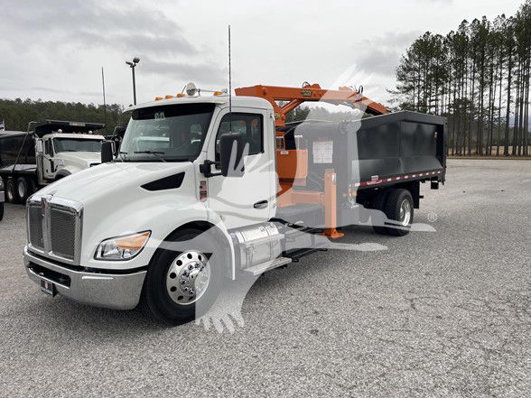 Kenworth T380 grapple truck in white cab with orange crane and black dump bed in a parking lot.