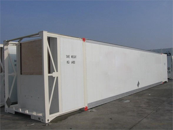 Refrigerated CIMC container trailer showing white exterior with rear doors and side markings.