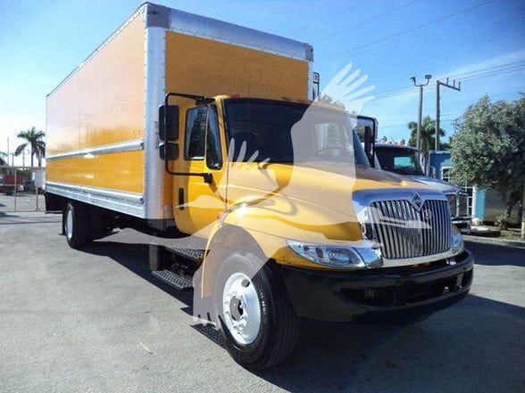 Box truck showing 2019 International DURASTAR 4300 with yellow box and cab, front grille, headlights, and side step.