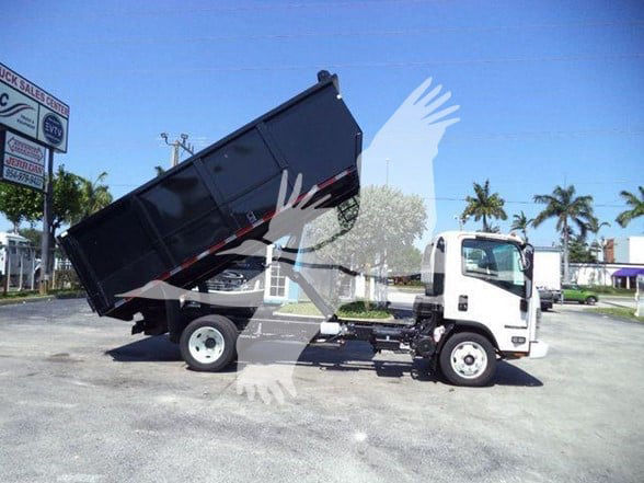 Isuzu NPR HD dump truck with its bed lifted, showing front cab and hydraulic lift under body.